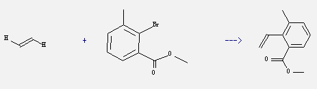 Methyl 2-bromo-3-methylbenzoate can react with ethene to get 3-methyl-2-vinyl-benzoic acid methyl ester